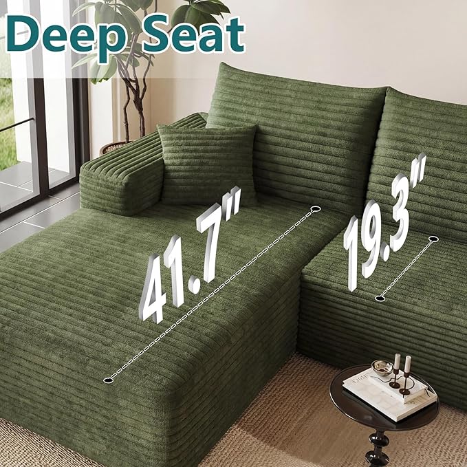 95" Modular Sectional Couch, Boneless L Shaped Cloud Sofa with Chaise Lounge, Corduroy Upholstered Couches Memory Foam Deep Seat, No Assembly Required, Ideal for Living Room(Green, Left Facing)