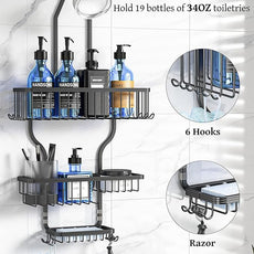 YASONIC Shower Caddy Over Shower Head Never Rust Aluminum Large Hanging Shower Caddy with 10 Hooks for Razor/Sponge - Over The Shower Head Caddy with Soap Basket - Hanging Shower Organizer Black