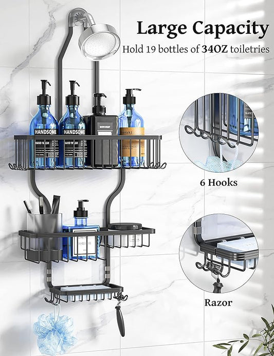 YASONIC Shower Caddy Over Shower Head Never Rust Aluminum Large Hanging Shower Caddy with 10 Hooks for Razor/Sponge - Over The Shower Head Caddy with Soap Basket - Hanging Shower Organizer Black