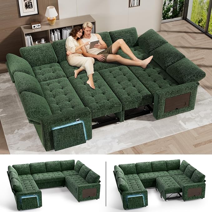 WEUP 8 Seat U Shaped Sectional Sleeper Sofa Bed with Pull Out Bed, Chenille Sectional Sleeper Couch with Adjustable Backrest, USB Ports, LED, Side Table, Tool-Free Assembly, Chenille Green