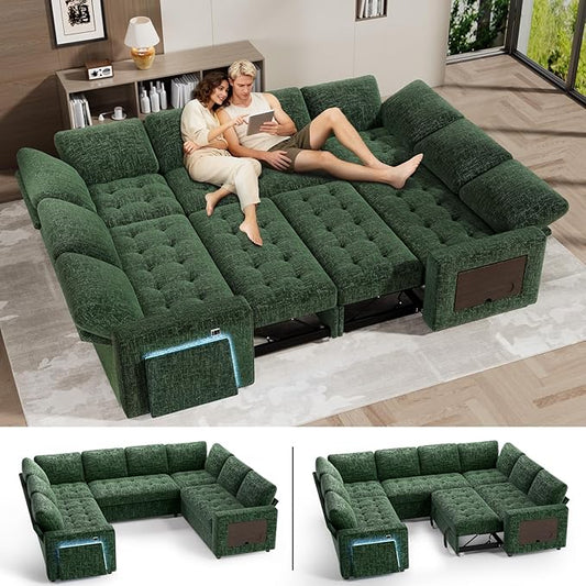 WEUP 8 Seat U Shaped Sectional Sleeper Sofa Bed with Pull Out Bed, Chenille Sectional Sleeper Couch with Adjustable Backrest, USB Ports, LED, Side Table, Tool-Free Assembly, Chenille Green
