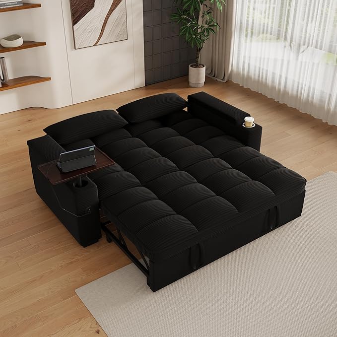 65" Sofa Bed, Loveseat 3-in-1 Sleeper Sofa with Pull Out Bed, 360° Swivel Side Table and USB, 2 Seater Convertible Small Couch for Living Room Apartment (Black, Corduroy)