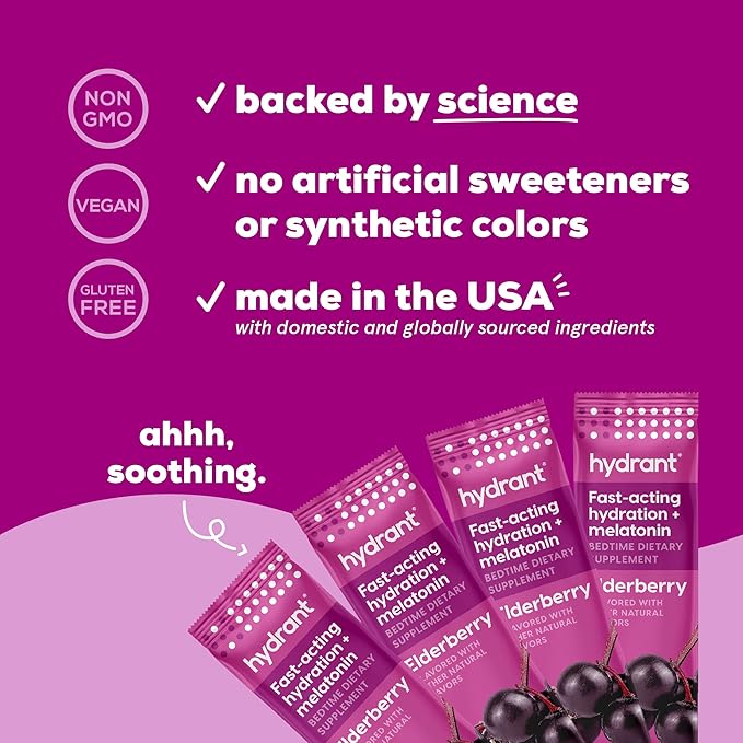 Hydrant - Sleep Electrolyte Powder, Elderberry Flavor, 30 Rapid Hydration Individual Stick Packs - Sleep Blend of Melatonin, L-Theanine, Magnesium, & Chamomile