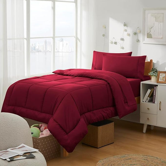 Dorm Room Essentials College Bedding Comforter Set 5 Piece Twin Size Bed in a Bag for College Students Boys and Girls, Twin, Red