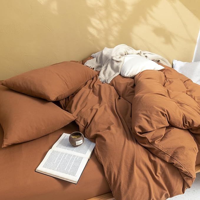 FOSSA Duvet Cover Set 100% Washed Cotton Linen Feel Super Soft Breathable Cozy 3 Pieces Bedding Sets Solid Dark Orange Oversized King Plus