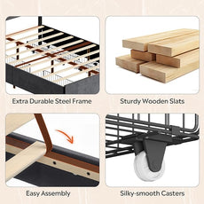 WLIVE Full Size Upholstered Bed Frame with 4 Storage Drawers and Headboard, Velvet Platform Bedframe, Sturdy Metal & Wooden Slats Support, No Box Spring Needed, Easy Assembly, Dark Grey