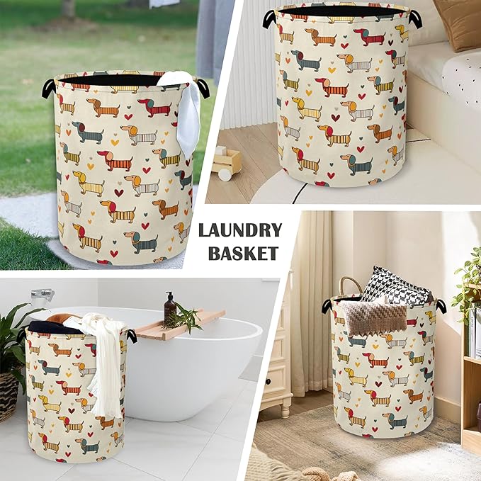 Cute Dachshund Dog Laundry Basket,Foldable with Handles Tote Bag Oxford Cloth for Bathroom Bedroom Dirty Clothes Storage Bucket 16" x 20.8"