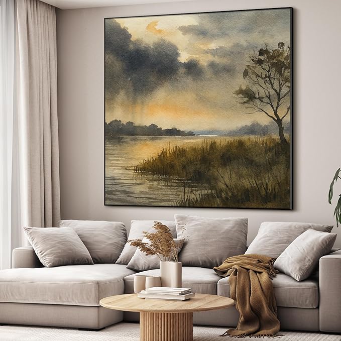 36"x36" Large Framed Wall Art - Golden Dusk River Landscape Watercolor Nature Scene (Frame Assembly Required)