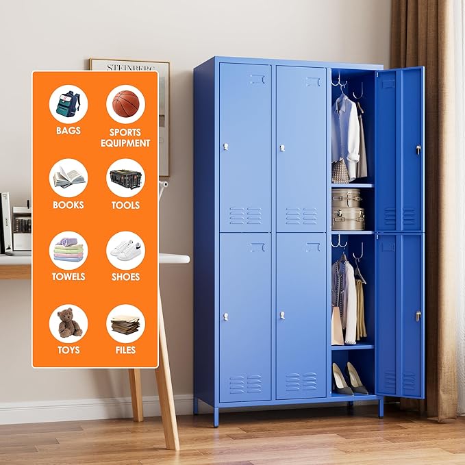 Aobabo Metal Locker for Employees, 6 Doors Metal Locker Cabinet with Lock, Industrial Storage with 18 Hooks, Storage for Office, Gym, Dormitory, Assembly Required, Blue