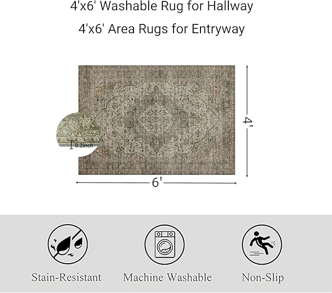 RCTJHOME 4'x6' Washable Area Rugs for Hallway, Non Slip Dining Room Rugs, Soft Low Pile Entryway Indoor Mat, Moroccan Accent Carpet for Kitchen, Living Room and Bedside, Distress Floral Forest Green