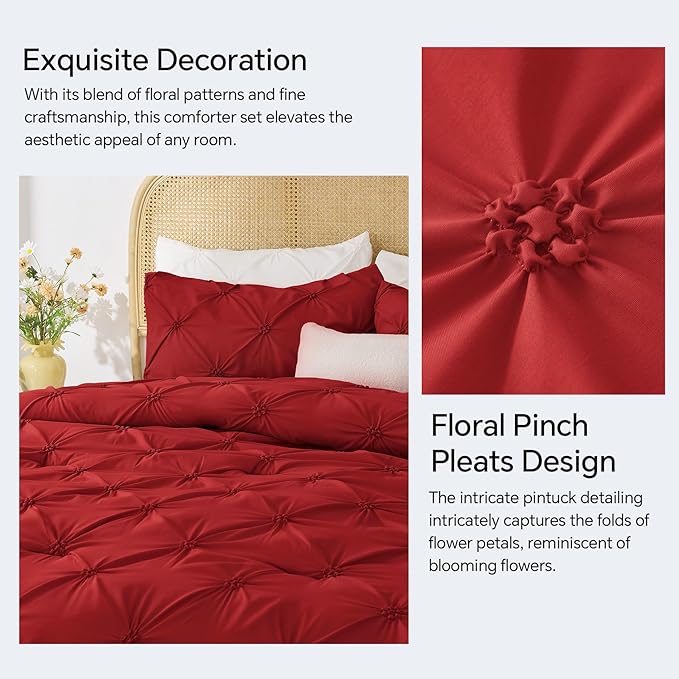 BEDELITE Red Twin Comforter Set - 2 Peices Boho Pintuck Bedding Comforter Sets, Lightweight Soft & Warm Twin Bedding Sets with 1 Pillowcase for All Season