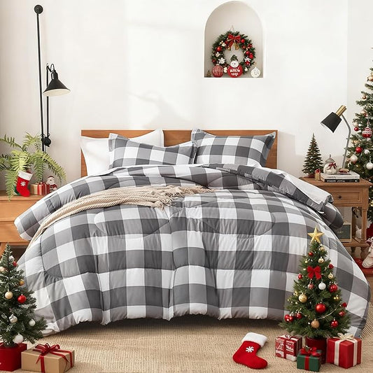 Andency Plaid Comforter Queen(90x90Inch), Gray White Checkered Gingham Buffalo Bed Set for Boys Teens, Lightweight Bedding，3 Pieces(1 Comforter & 2 Pillowcases)