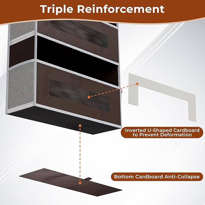 5-Tier Over The Door Storage Organizer with 10 Side Mesh Pockets, 48 lbs Load Capacity, 3 Hooks Design, Door Hanging Organizer with Clear Windows for Bathroom, Bedroom, Nursery, Kitchen-Brown