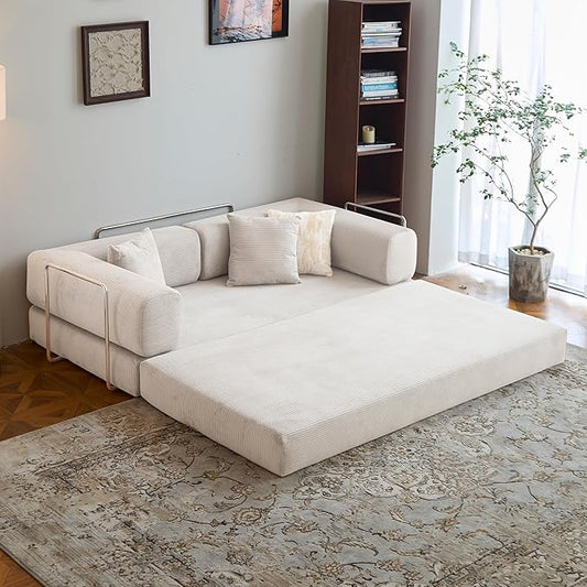 78.8" Convertible Sofa Bed -Compression Sofa with Corduroy Fabric - with Armrests and Backrest - Modular Sectional for Living Room, Bedroom, Studio - Compression Sofa in Box (Beige)