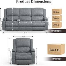 3 Seater Recliner Sofa Set with 2-Tier Cushion, 3+1 Pieces in Living Room, 3 Seater Reclining Couch Leather with Removable Console, 1 Oversize Recliner Chair Sofa Seat