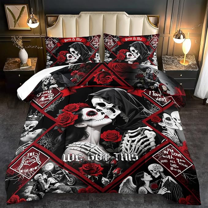 Red Skull Comforter Set Twin Size Women Men Black Goth Bedding Set Girls Gothic Twin Size Comforter Couple Red Rose Couple Bedding Boho Skull Quilt Bedroom Decor