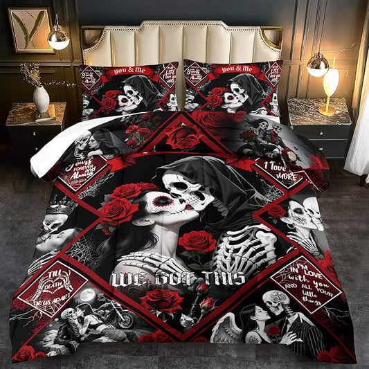 Red Skull Comforter Set Queen Size Women Men Black Goth Bedding Set Girls Gothic Queen Size Comforter Couple Red Rose Couple Bedding Boho Skull Quilt Bedroom Decor