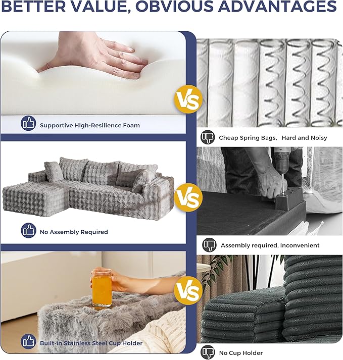 MAXYOYO 104" Modular Sectional Couch with L-Shape Chaise, Modern Boneless Couch for Living Room, Sofa in A Box, Faux Fur Sofa Sleeper with Deep Seat, No Assembly Required, Grey