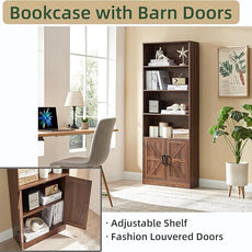 70in Tall Bookshelf 6 Tier Bookcase with Barn Doors and Adjustable Shelf, Brown Farmhouse Book Shelves with Storage Cabinet,Wood Floor Standing Display Bookshelve for Bedroom,Living Room,Kitchen
