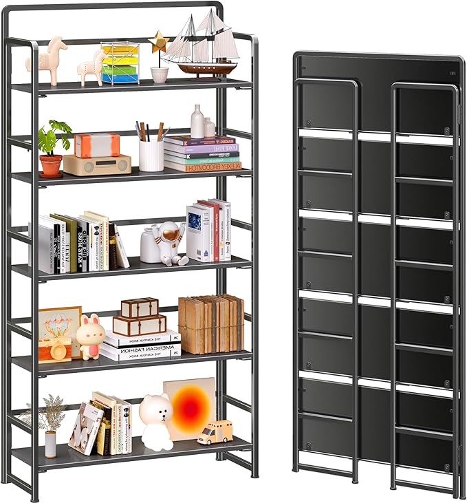 4NM No Assembly Extra Wide 5 Tiers Folding Bookshelf Storage Shelves Vintage Bookcase Standing Racks Study Organizer Home Office (All Black)