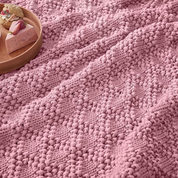 Knitted Weighted Blanket for Adult, Chunky Knit Weighted Throw for Sleep 60"*80" 20lbs, Cooling Breathable Machine Washable Heavy Blanket for Room Decor (Pink, Queen)