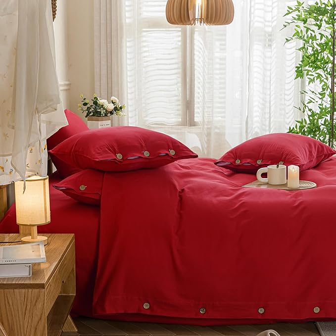 JELLYMONI Cotton Duvet Cover King Size - Crimson Red Comforter Cover with Button 100% Washed Cotton 3PCS Breathable Soft Solid Bedding Set Duvet Cover 104×90in & 2 Pillowcases (NO Comforter)