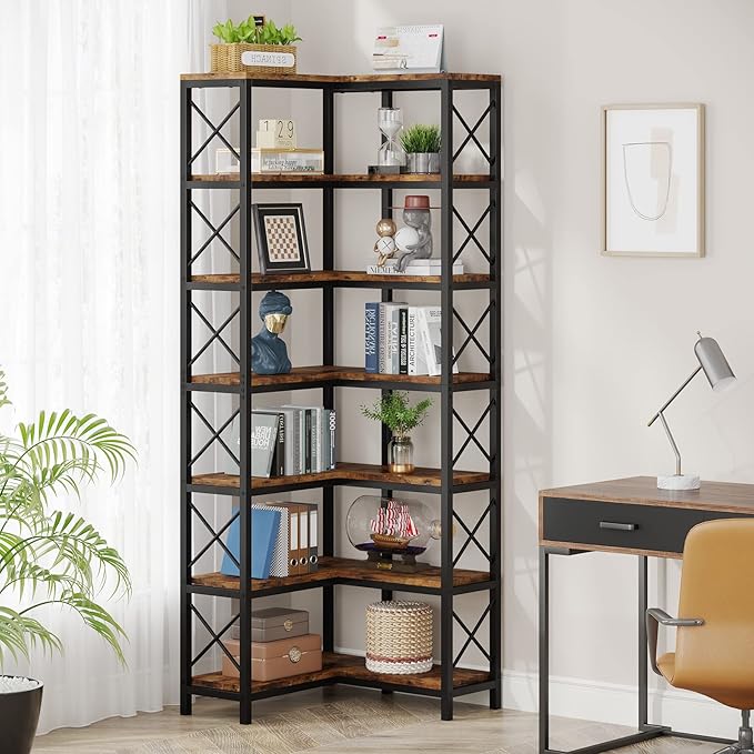 Tribesigns 7-Tier Corner Bookcase, Industrial Large Corner Bookshelf, 7-Shelf Tall Shelf Storage Display Rack with Metal Frame for Living Room Home Office, Rustic Brown