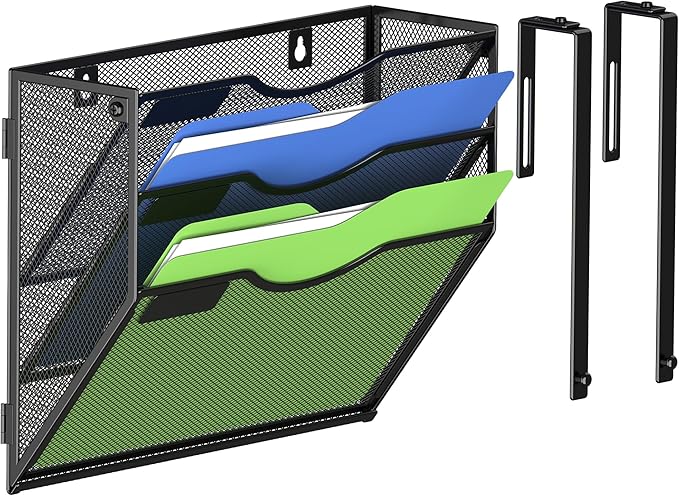 Kuntine.B Wall File Organizer (Black, 3 Tier & Hangers)