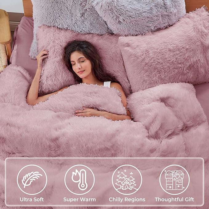 Sasttie 2-Piece Fluffy Duvet Cover Twin/Twin XL, Ultra Soft Faux Fur and Velvet Dusty Rose Comforter Cover, Fuzzy Bedding Sets for Winter Bed, Includes 1 Duvet Cover and 1 Pillowcase, No Comforter