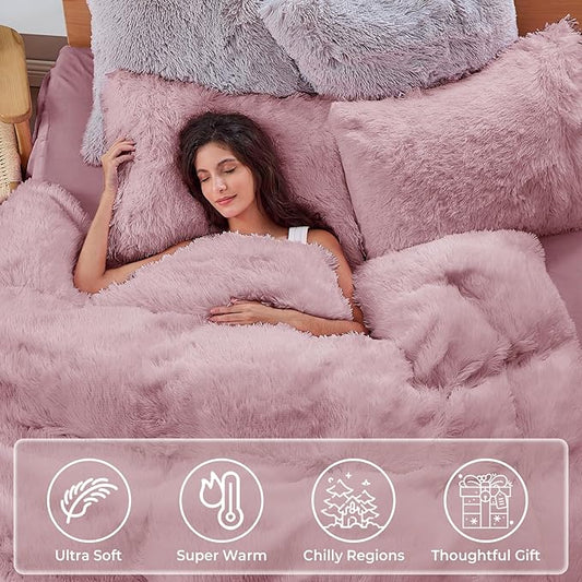 Sasttie 2-Piece Fluffy Duvet Cover Twin/Twin XL, Ultra Soft Faux Fur and Velvet Dusty Rose Comforter Cover, Fuzzy Bedding Sets for Winter Bed, Includes 1 Duvet Cover and 1 Pillowcase, No Comforter