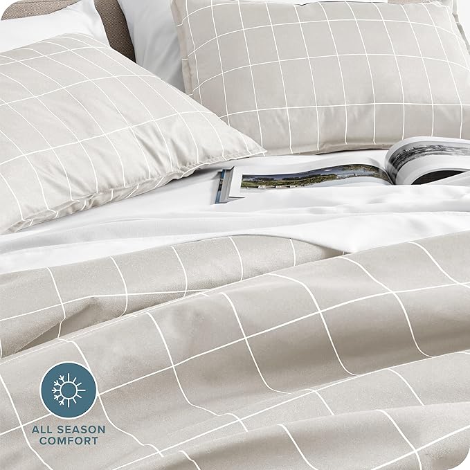 Bare Home Duvet Cover - Queen Size Bedding Set - Premium 1800 Super Soft Collection - Lightweight, Cooling - Soft Breathable Duvet Cover (Queen, Grid – Stone/White)
