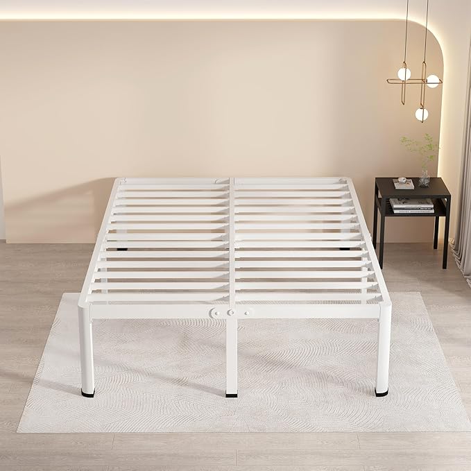 MAF 16 Inch Queen Size Bed Frame White with Round Corner Legs Mattress Slide Stopper No Box Spring Needed Heavy Duty Metal Platform Bed Frames Under-Bed Storage Space, 3000 LBS Steel Slats Support