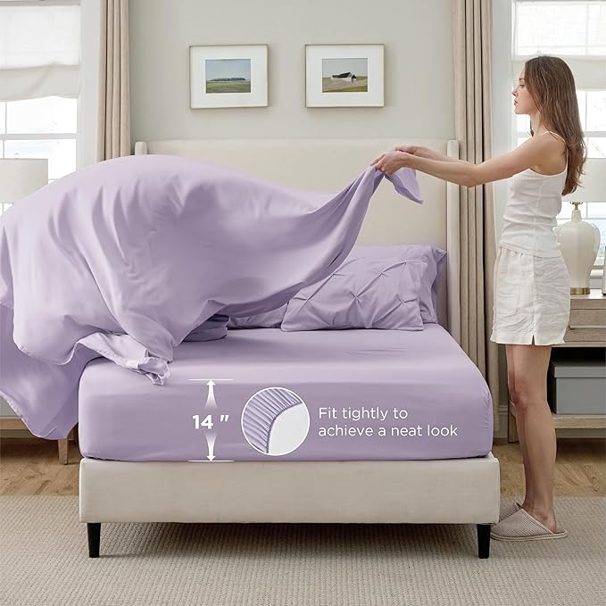 Bedsure Full Comforter Set Light Purple - Bed in a Bag Full Size Bedding Set 7 Pieces, GentleSoft™ Pintuck Bed Set Gift for Family, Pinch Pleat All Season Comforter with Sheets, Pillowcases & Shams