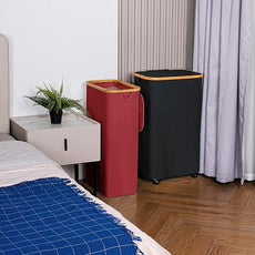 efluky Slim Laundry Basket with Lid, Narrow Laundry Hamper with Removable Bag, Skinny Dirty Clothes Basket with Bamboo Handles for Bathroom, Bedroom & Laundry Room, 75L Burgundy