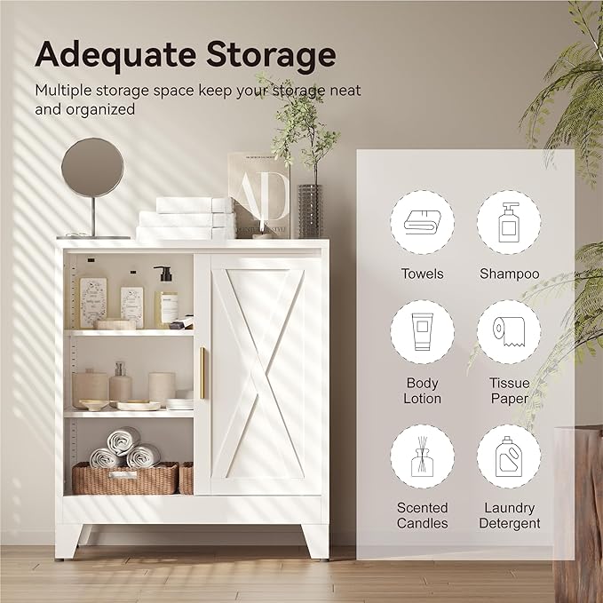 Metal Coffee Bar Cabinet with Storage, Farmhouse Coffee Bar Table with Sliding Barn Door and Adjustable Shelves, Small White Sideboard Cabinets for Kitchen, Entryway, Office