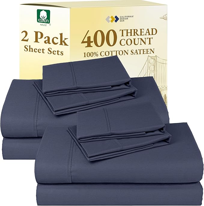 California Design Den 2-Pack King Size Sheet Sets - 400 Thread Count 100% Cotton Sateen - Soft and Breathable Sheets, 2 Sets of Deep Pocket Bed Sheets - Indigo Dusty Blue