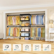 Ulif M2 Wall Mounted Closet System, Clothes Rack Mounted onto the Wall with 4 Expandable Hanger Rods and 5 Metal Shelves, Clothing Organizer Storage in (70.8-102.3)
