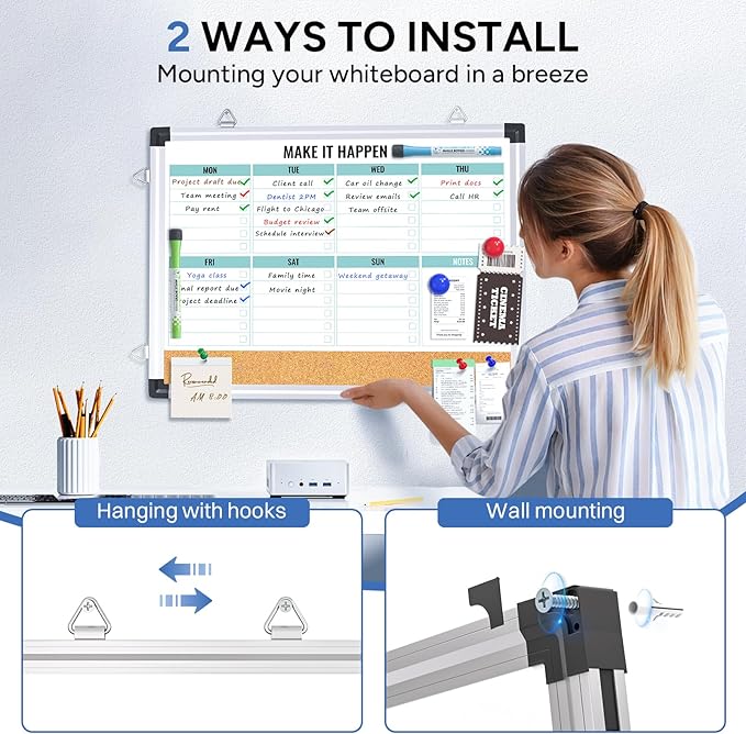 Weekly Calendar Whiteboard and Cork Board Combo for Wall, 17"x13" Reversible Hanging Dry Erase Board, Double Sided White Board with Aluminum Frame for Planning, Office, Kitchen, School, Home