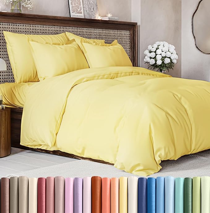 Duvet Cover Full Size Set - Extra Soft Full Size Duvet Cover 80 x 90 with 2 Pillow Shams - Hotel Luxury, Easy Care and Fade Free with Zipper Closures & Ties - Comfy, Breathable Bedding Set (Yellow)
