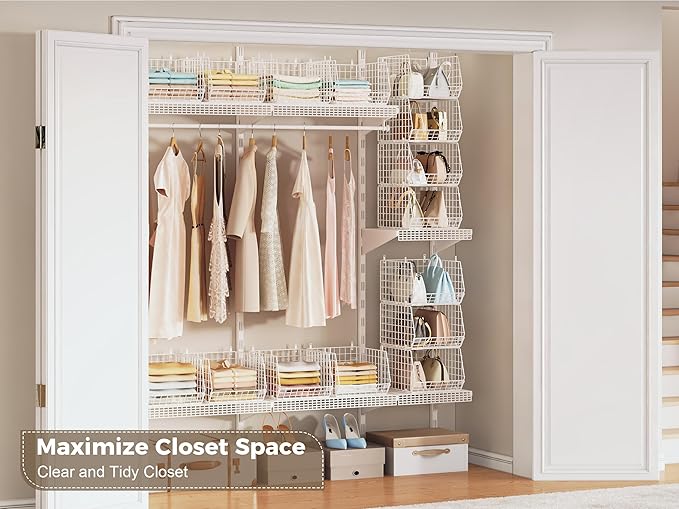 4" Extra Deeper Foldable Hanging Closet Organizer, Small Wire Cabinet Shelves and Storage with 5 S Hooks,4 Tier Metal Basket Bins for Clothes Sweaters Handbags, Wardrobe for Kitchen Laundry Room，White