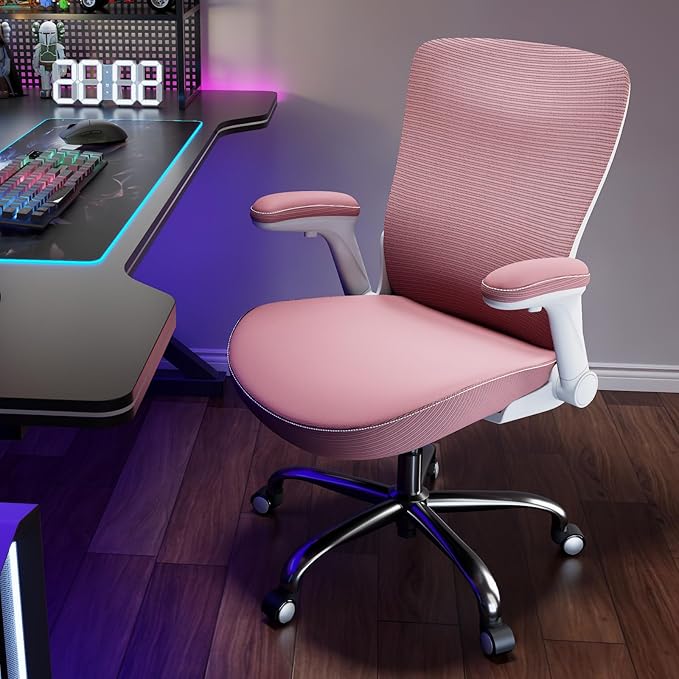 Office Home Ergonomic Desk Chair-Computer X-Shaped Chair Mesh PU Leather with Adjustable Lumbar Support-Executive Chair High Back Flip-Up Arms for Long Hours (Pink-No Headrest)