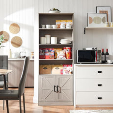 70in Tall Bookshelf 6 Tier Bookcase with Barn Doors and Adjustable Shelf, Oak Grey Farmhouse Book Shelves with Storage Cabinet, Wood Floor Standing Display Bookshelve for Bedroom, Living Room