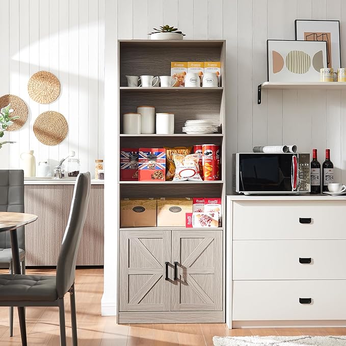 70in Tall Bookshelf 6 Tier Bookcase with Barn Doors and Adjustable Shelf, Oak Grey Farmhouse Book Shelves with Storage Cabinet, Wood Floor Standing Display Bookshelve for Bedroom, Living Room