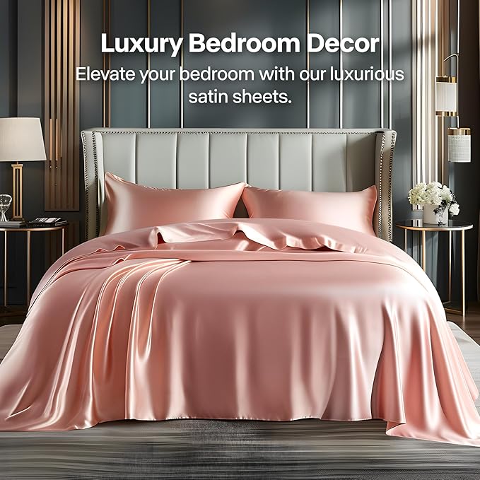 BEDELITE Satin Sheets Queen Size Bed Set, Luxury Soft Rose Pink Silky Sheets for Hair and Skin, Similar to Silk Bed Sheets Set 4 Pieces with 1 Deep Pocket Fitted Sheet, 1 Flat Sheet, and 2 Pillowcases