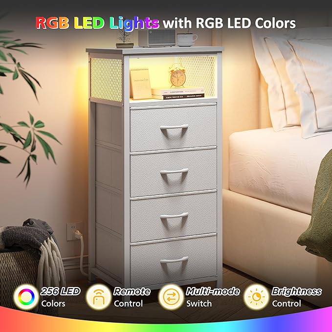 EnHomee White Nightstand Set of 2,LED Night Stand with Charging Station,Fabric Dresser for Bedroom, Hallway, Entryway, Living Room, Closet, Sturdy Steel Frame, Wood Top, Cloth Bags, Hooks, White