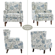 Lumibee Wingback Accent Chair, 2 Set High Back Floral Armchairs in Fabric,Comfy Upholstered Reading Single Sofa Chairs with Solid Wood Legs for Living Room,Bedroom,Office-Plants Blue