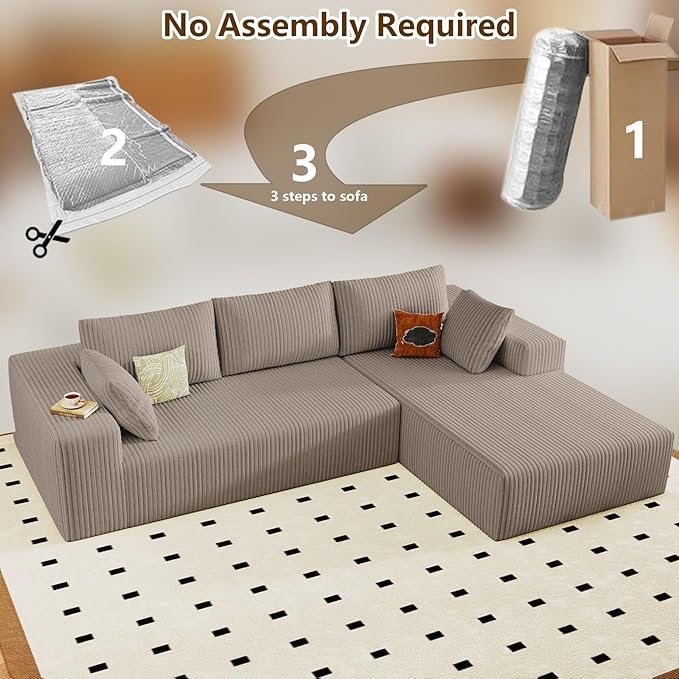 96" Modular Sectional Couch, Boneless L Shaped Cloud Sofa with Chaise Lounge, Corduroy Upholstered Couches Memory Foam Deep Seat, No Assembly Required, Ideal for Living Room(Camel, Right Facing)