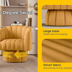 Accent Chair Mid Century 360 Degree Swivel Chair,Modern Lounge Sofa Round Barrel Chair with Wide Upholstered,Fluffy Velvet Fabric Chairs for Home Sofa Living Room/Bedroom/Waiting Room (Mustard)