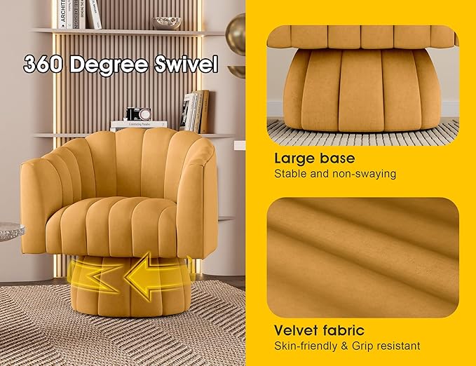 Accent Chair Mid Century 360 Degree Swivel Chair,Modern Lounge Sofa Round Barrel Chair with Wide Upholstered,Fluffy Velvet Fabric Chairs for Home Sofa Living Room/Bedroom/Waiting Room (Mustard)