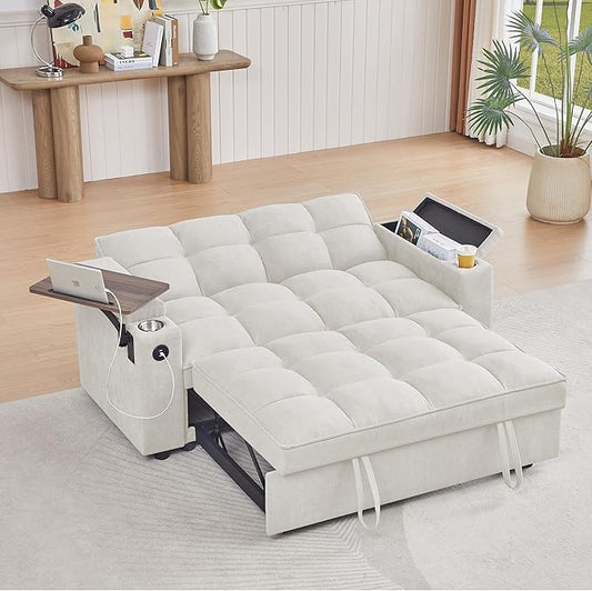 65'' Convertible Sleeper Sofa Bed with Pull-Out Design, 3-in-1 Modern Chenille Fabric Couch with 360° Swivel Side Table, Queen Size, Easy Assembly, for Living Room, White